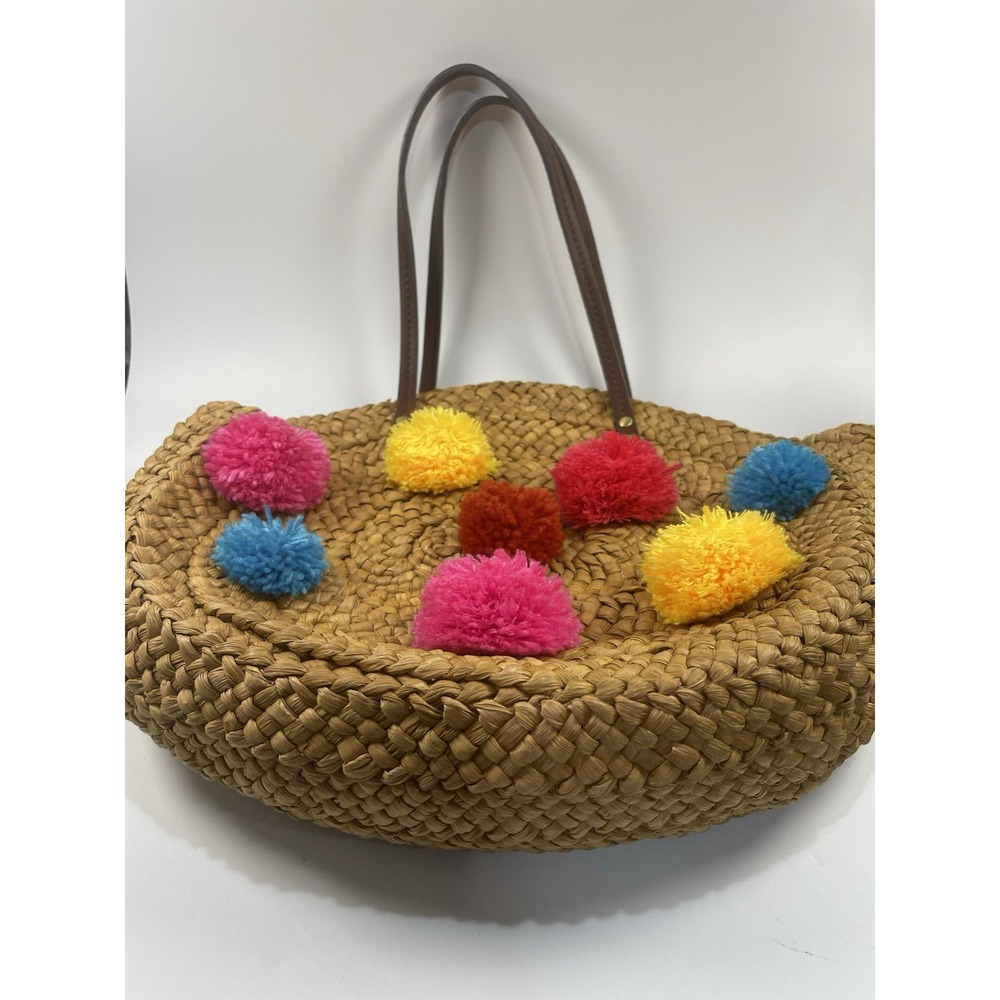 Sam Edelman Straw Yarn Multicolor Pom Poms Beach Bohemian Boho Casual Bag Tote - Picture 3 of 14